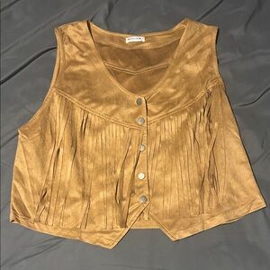 Hotouch Tan Fringe Button-Up Crop Top